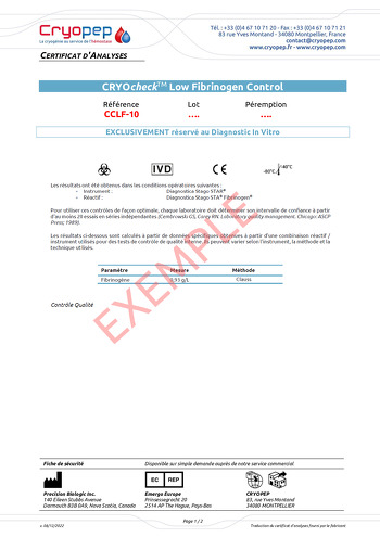 Certificat d'analyses CRYOcheck™ Low Fibrinogen Control